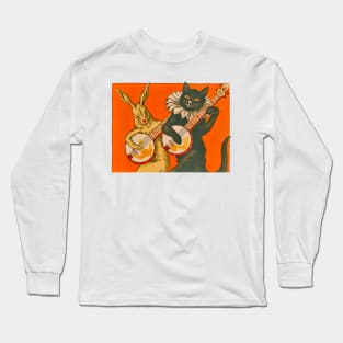 A cat playing the banjo and the musical rabbit accompanying it, a pair of cheerful and musical animals. Vintage drawing Long Sleeve T-Shirt